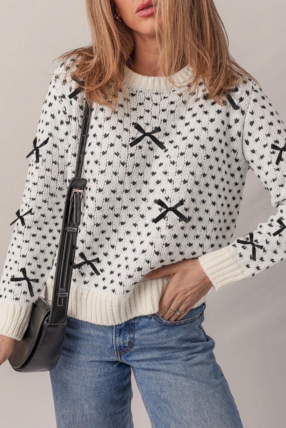 Bow Detail Ribbed Trim Crew Neck Sweater