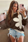 Coffee Raw Edge Flower Patch Drop Shoulder Long Sleeve Top