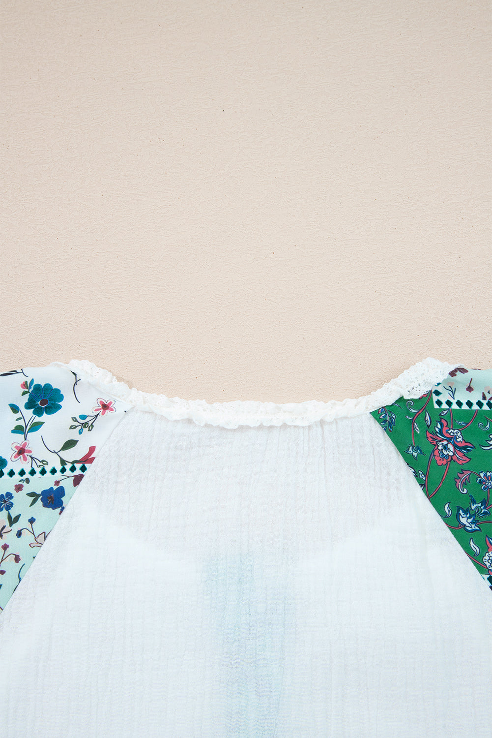 White Floral Mesh Patched Color Block Half Button Blouse