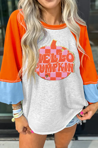 Light Grey Hello Pumpkin Patched Graphic Colorblock Bubble Sleeve Raglan Top