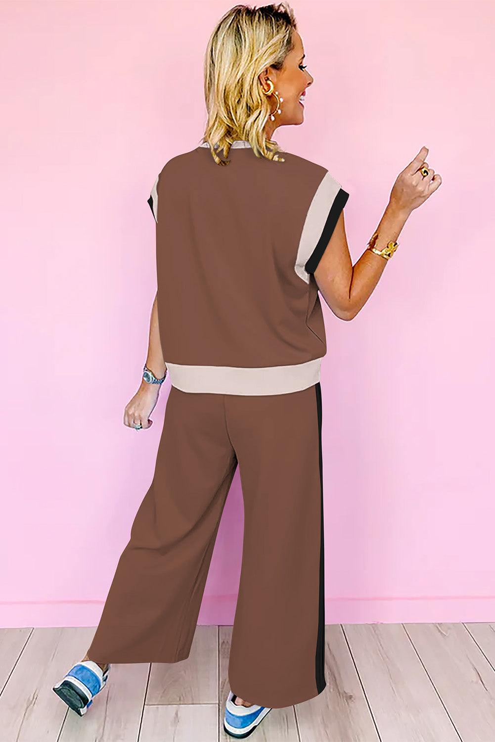 Chestnut Color Block Detail Casual Two piece Outfit