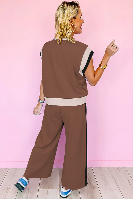 Chestnut Color Block Detail Casual Two piece Outfit
