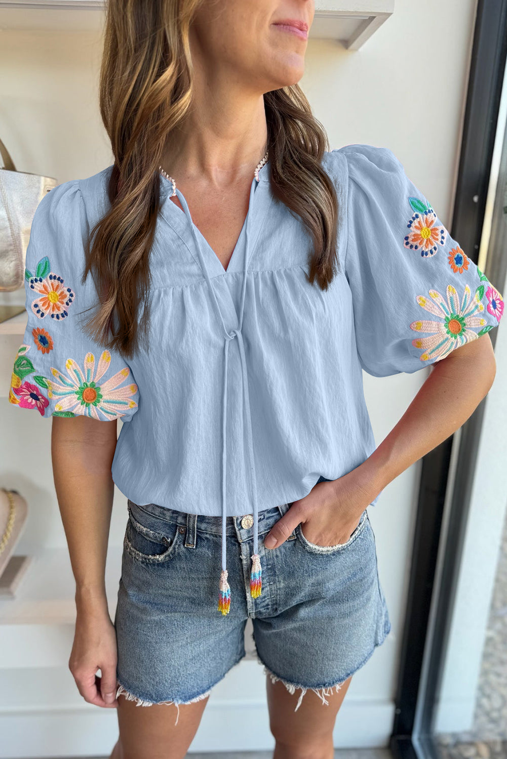 Floral Embroidered Puff Sleeve Split-Neck Blouse