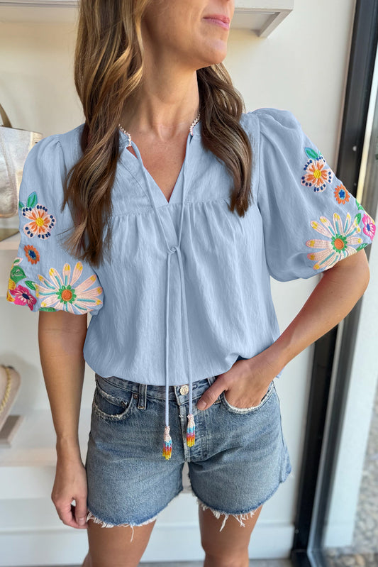 Floral Embroidered Puff Sleeve Split-Neck Blouse