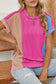 Apricot Pink Colorblock Crinkle Rib Round Neck T Shirt