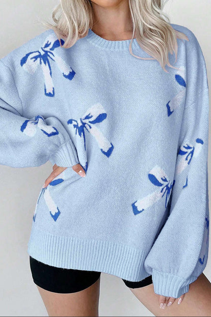 Beau Blue Bow Jacquard Pullover Knitted Sweater