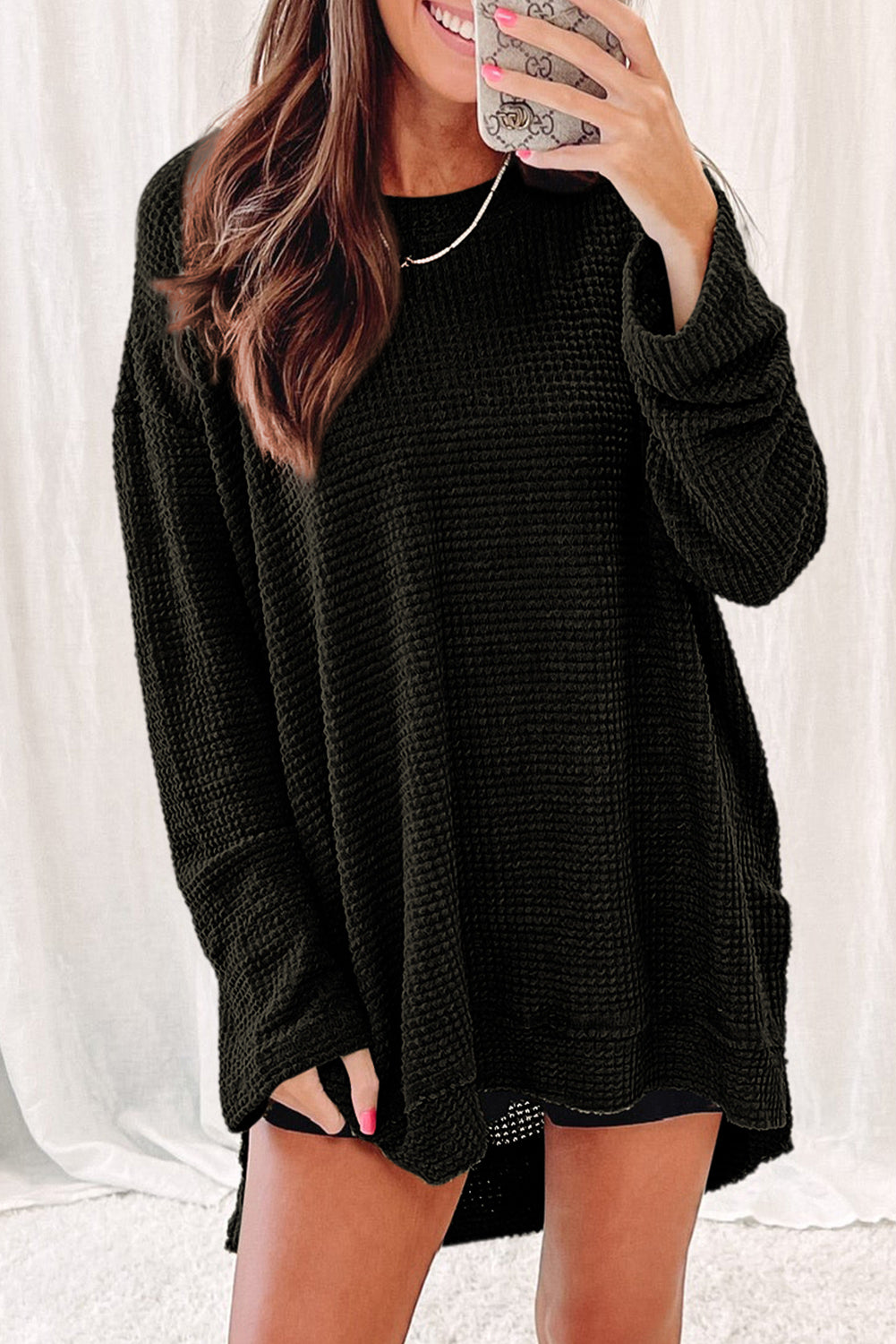 Black Plain Waffle Knit Drop Sleeve Side Slits Oversized Top