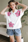 White Floral Applique Notched V-Neck Dolman Sleeve Top