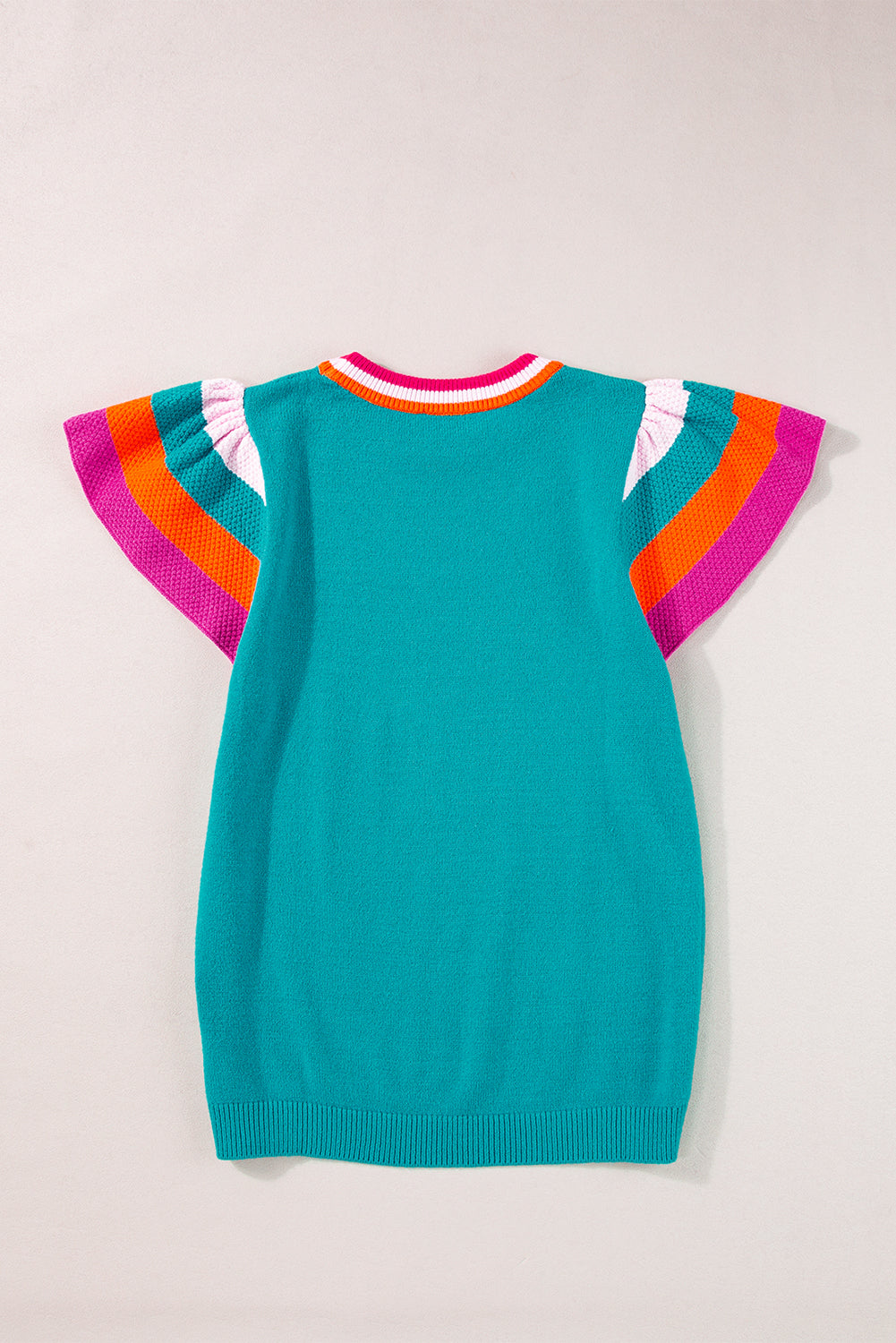 Bright Pink Contrast Sleeve Striped Round Neck Knitted Tee