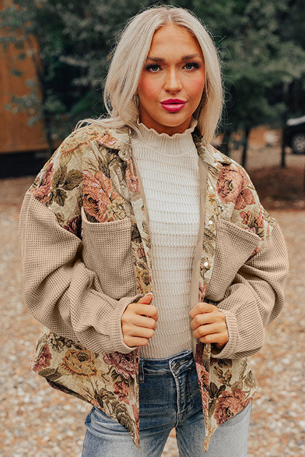 Floral Waffle Knit Patchwork Chest Pockets Buttoned Jacket