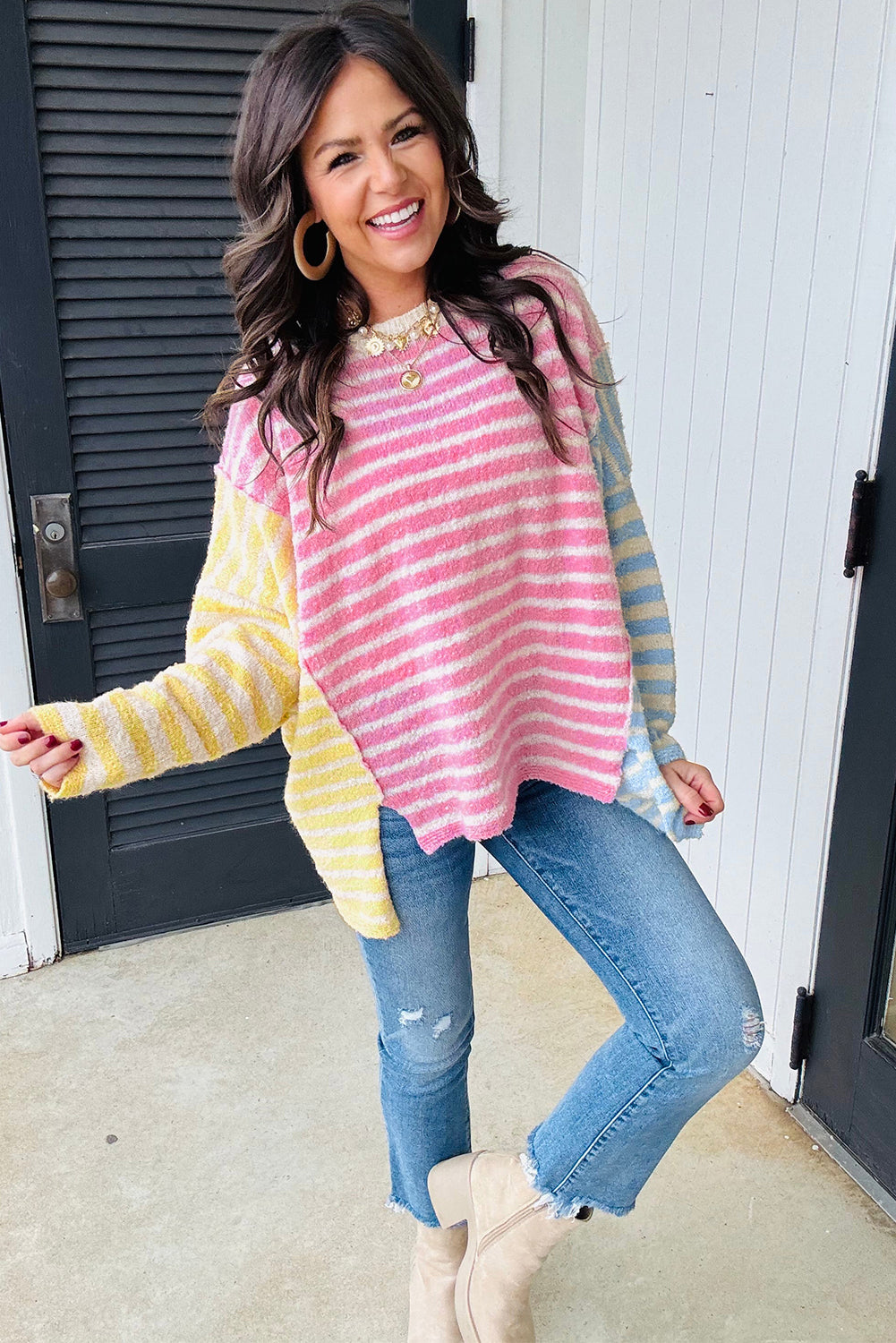 Multicolor Colorblock Striped Patchwork Dolman Sleeve Slit Sweater