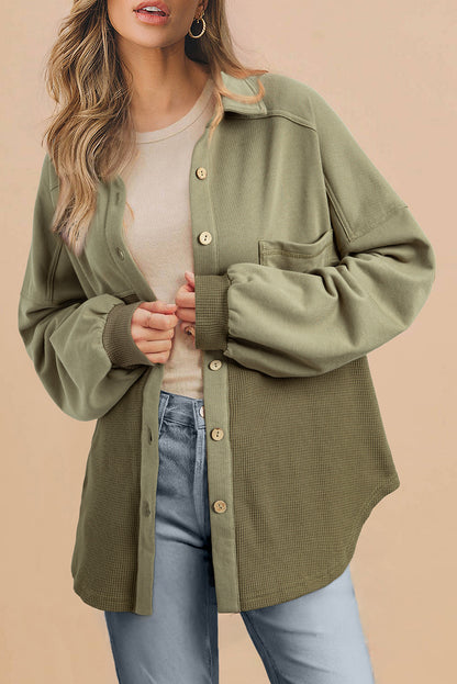 Moss Green Waffle Knit Patchwork Buttoned Oversized Shacket