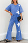 Blue Acid Wash Star Patched Rolled Trim Pants Set