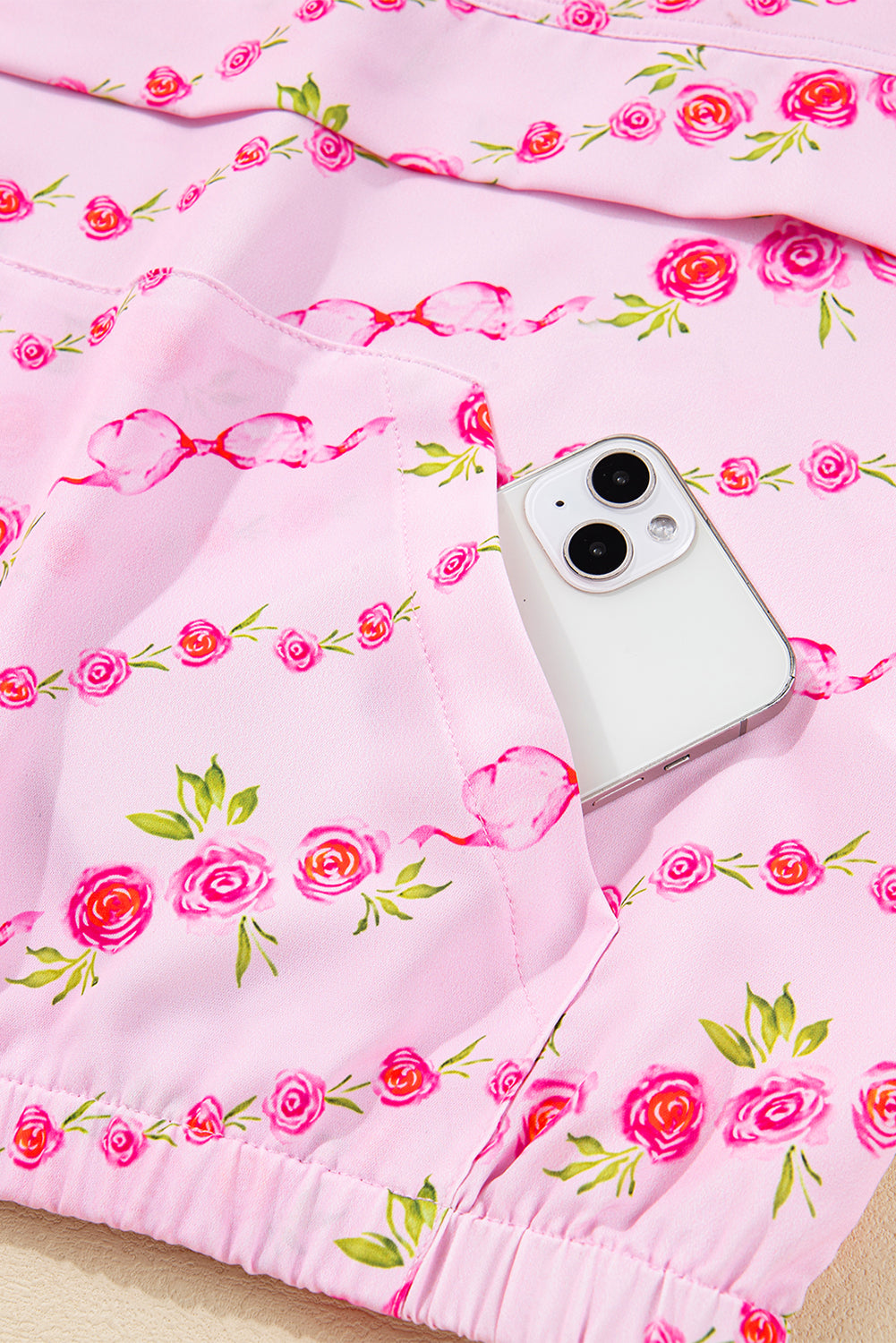 Pink Floral Print Half Zip Drawstring Hoodie