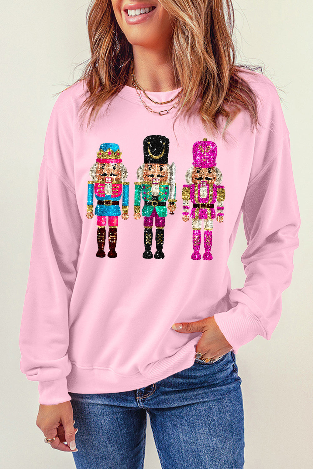 Pink Cute Nutcracker Printed Graphic Drop Shoulder Christmas Sweatshirt