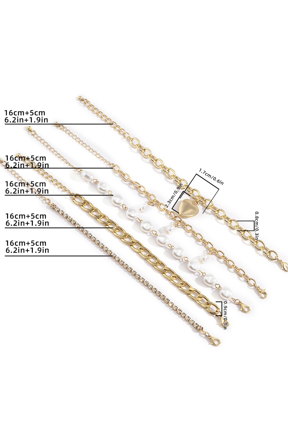 Gold 5Pcs Pearl Heart Diamond Bracelet Set