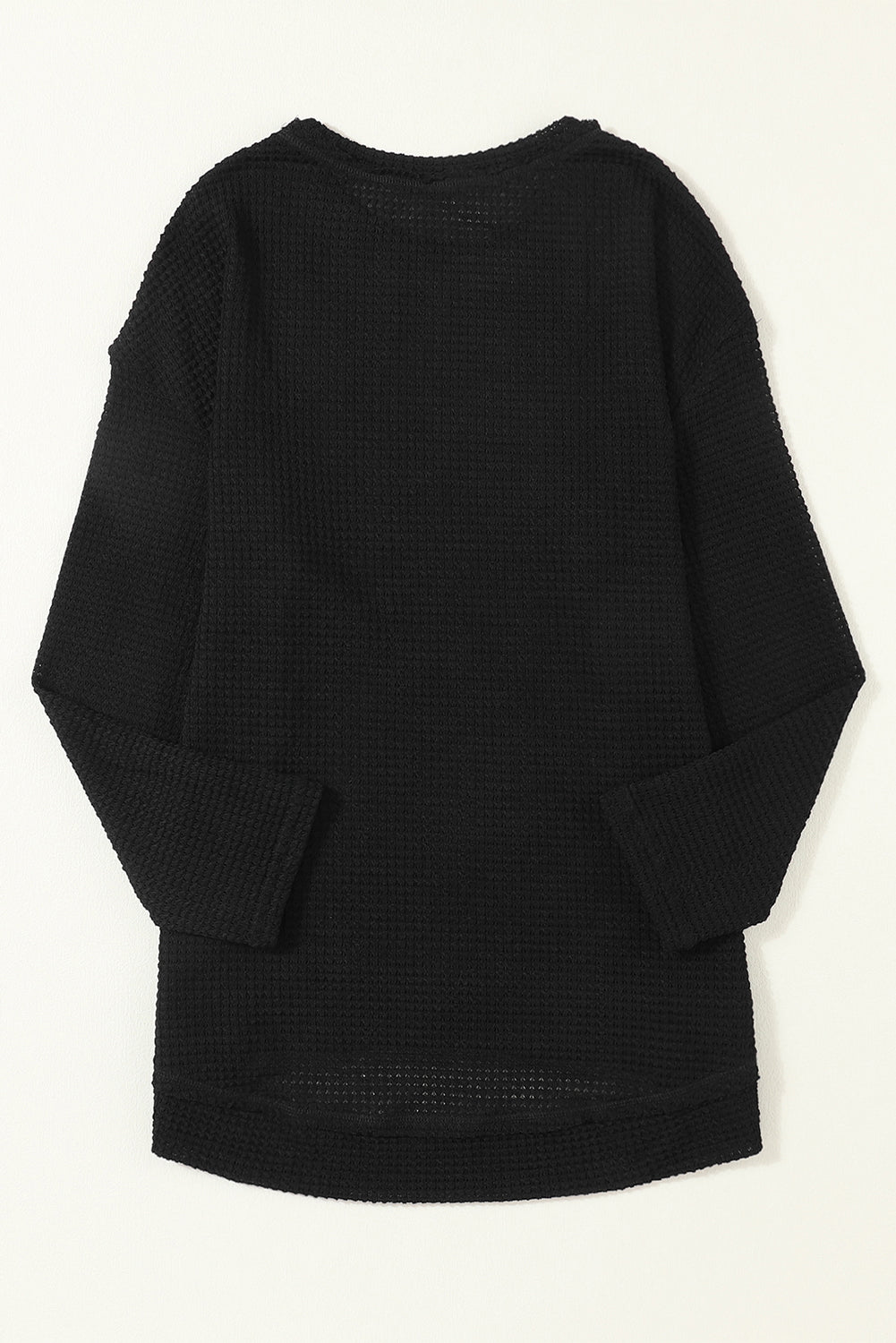 Black Plain Waffle Knit Drop Sleeve Side Slits Oversized Top