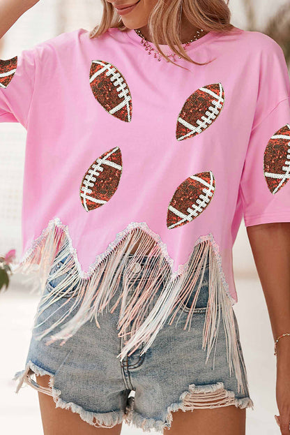 Pink Sequined Rugby Fringe Hem Cropped T Shirt