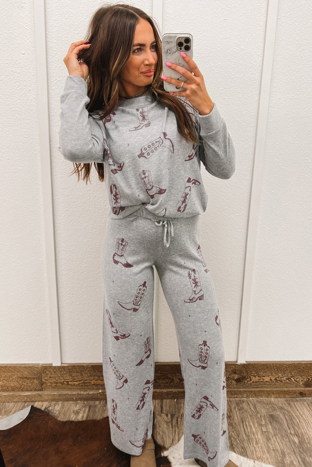 Brown Boots Print Long Sleeve Top and Drawstring Pants Pajama Set