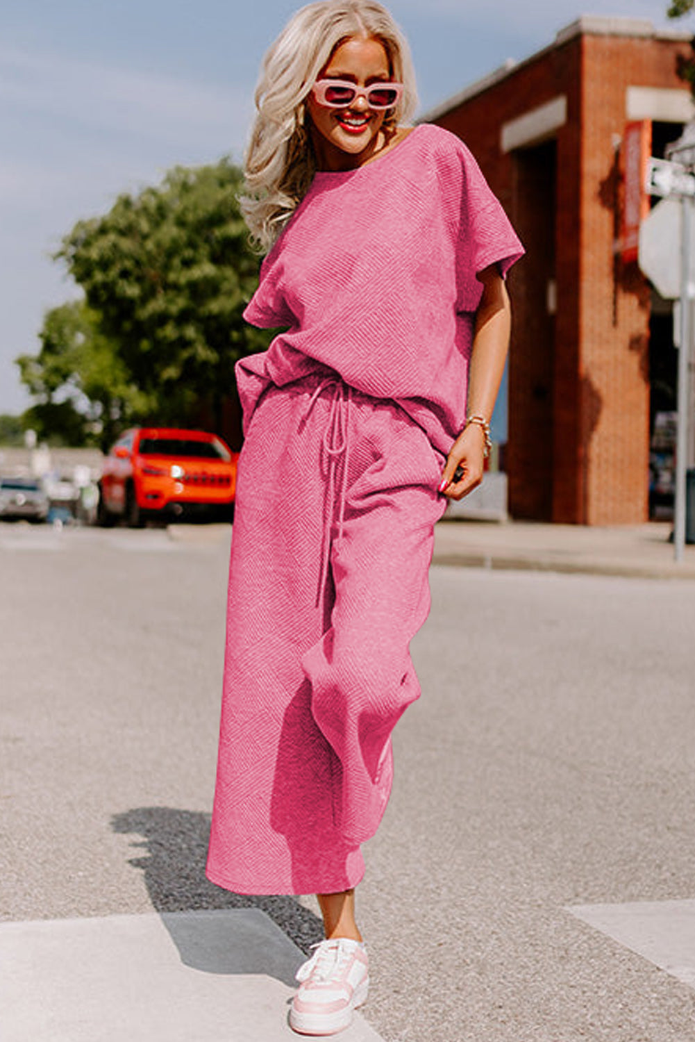Strawberry Pink Textured Loose Fit T-Shirt and Drawstring Pants Set