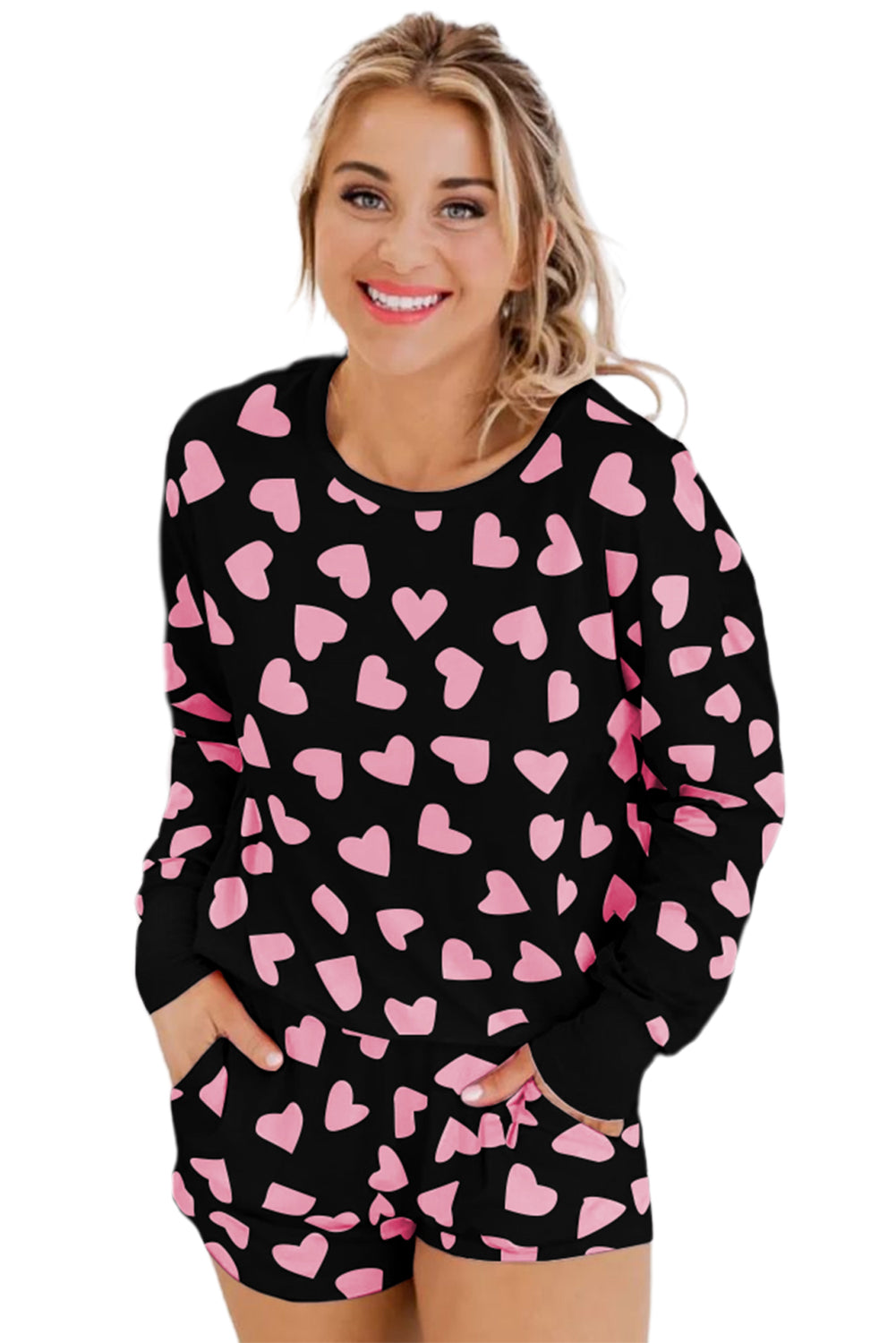 Black Heart Shape Print Long Sleeve Top and Shorts Loungewear Set