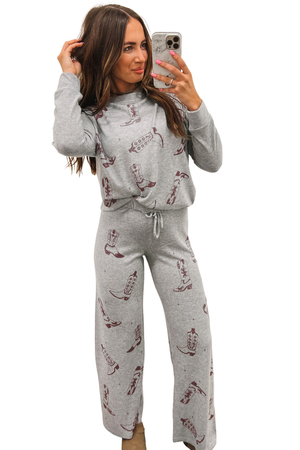 Brown Boots Print Long Sleeve Top and Drawstring Pants Pajama Set