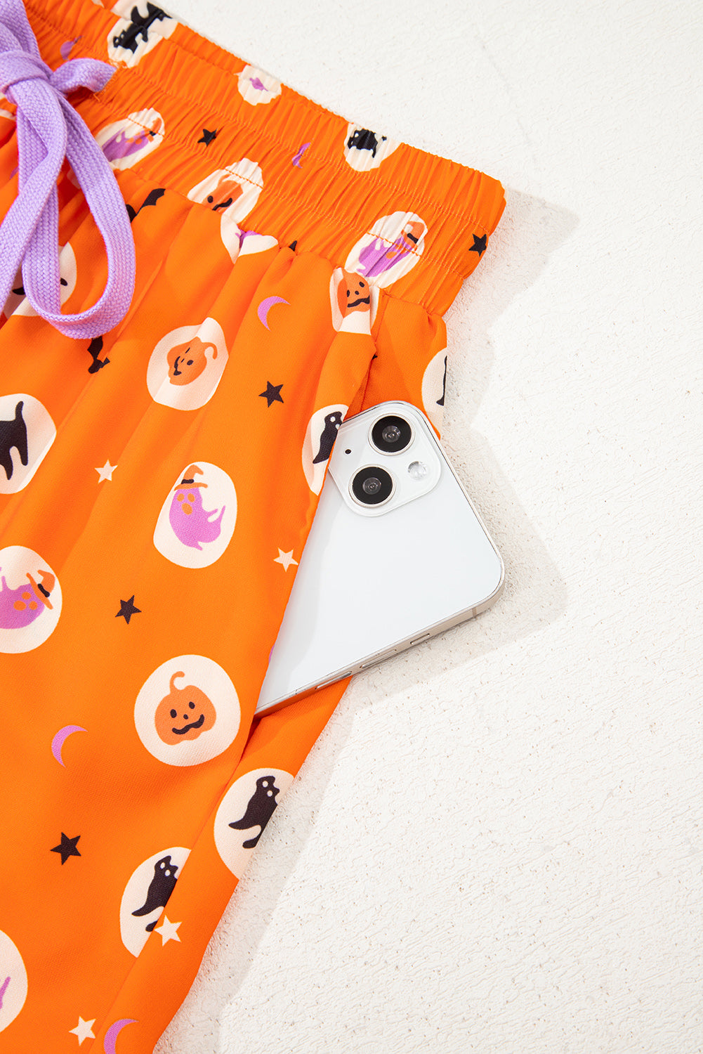 Orange Halloween Print Lapel Shirt and Pants Pajama Set
