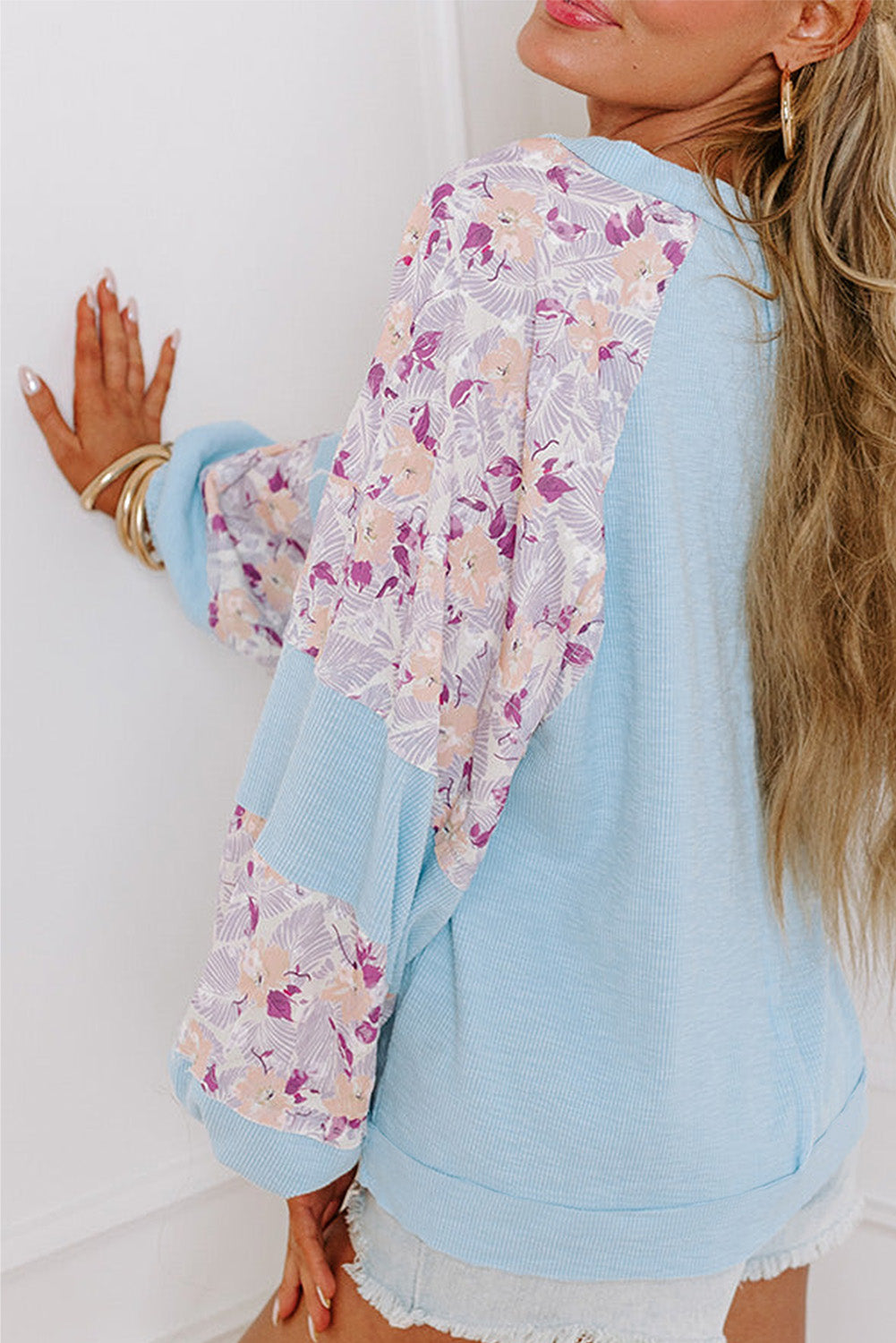 Apricot Crinkle Rib Floral Patchwork Balloon Sleeve Top