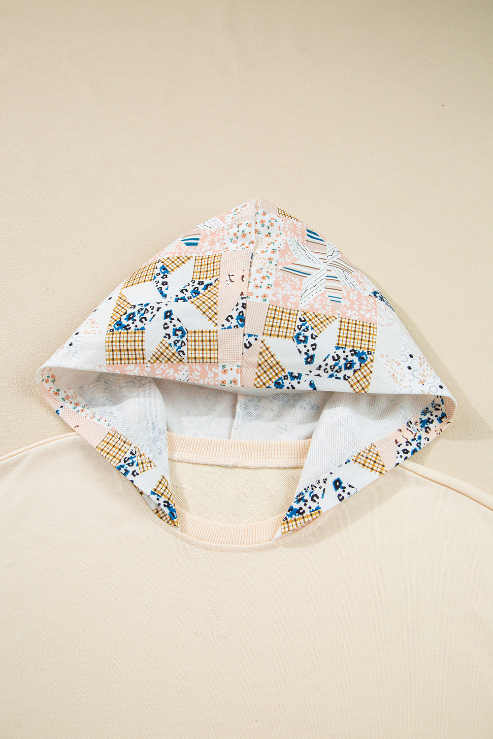 Beige Geo Pattern Patchwork Hoodie with Kangaroo Pocket