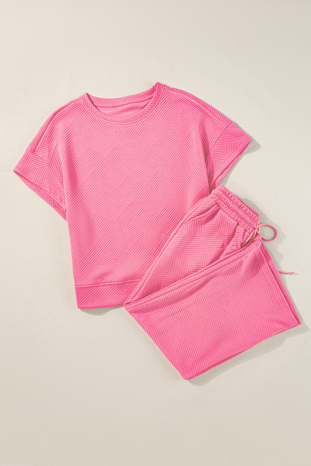 Strawberry Pink Textured Loose Fit T-Shirt and Drawstring Pants Set