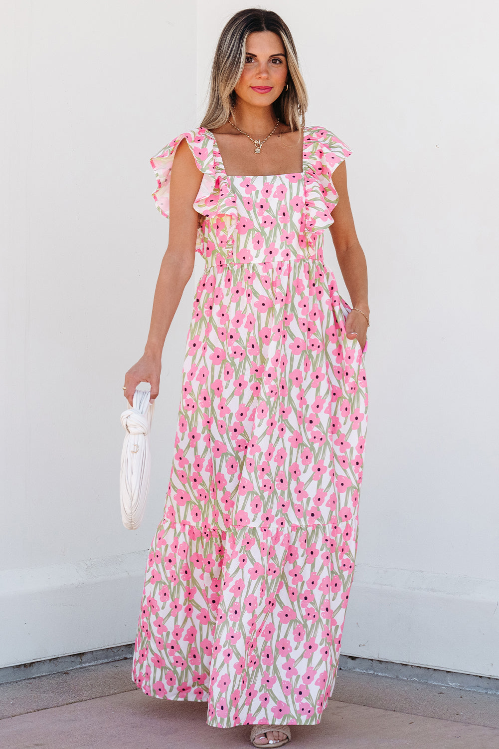 Pink Floral Ruffle Strap Maxi Dress – Cottagecore Square Neckline