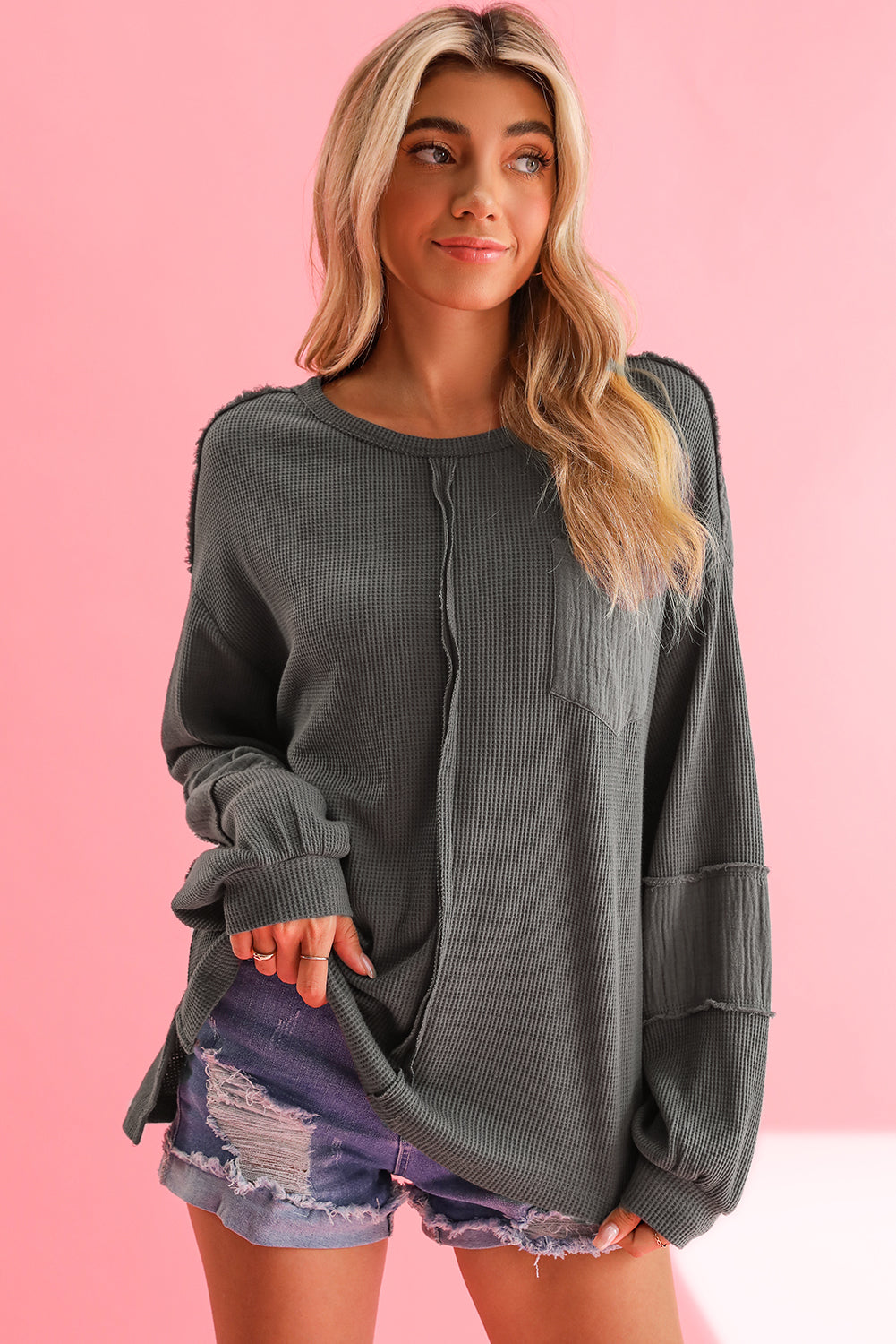 Gray Waffle and Crinkle Patchwork Long Sleeve Top