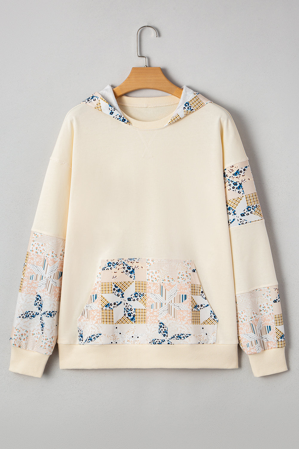 Beige Geo Pattern Patchwork Hoodie with Kangaroo Pocket