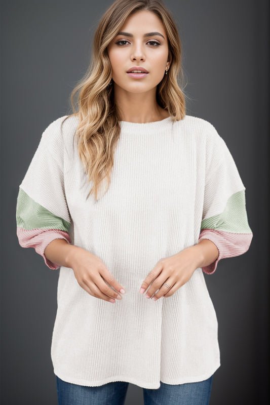 Color Block Round Neck Dropped Shoulder Blouse