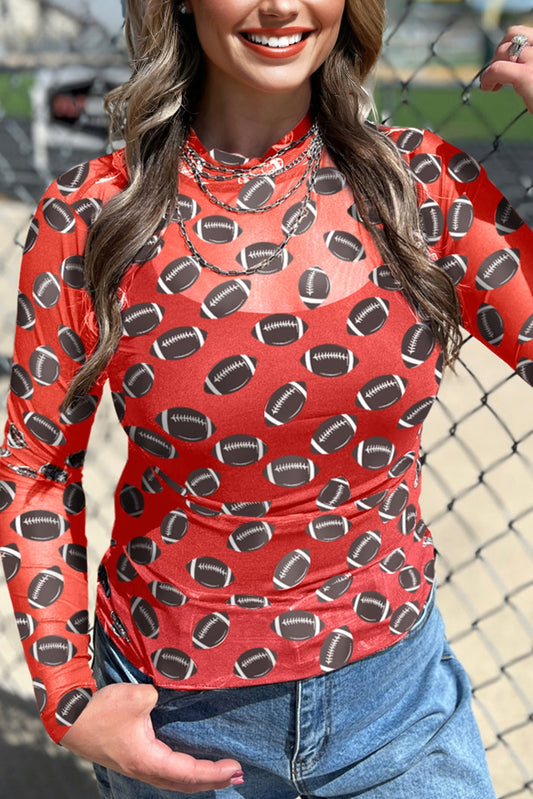 Red Game Day Football Mesh Sheer Long Sleeve Top
