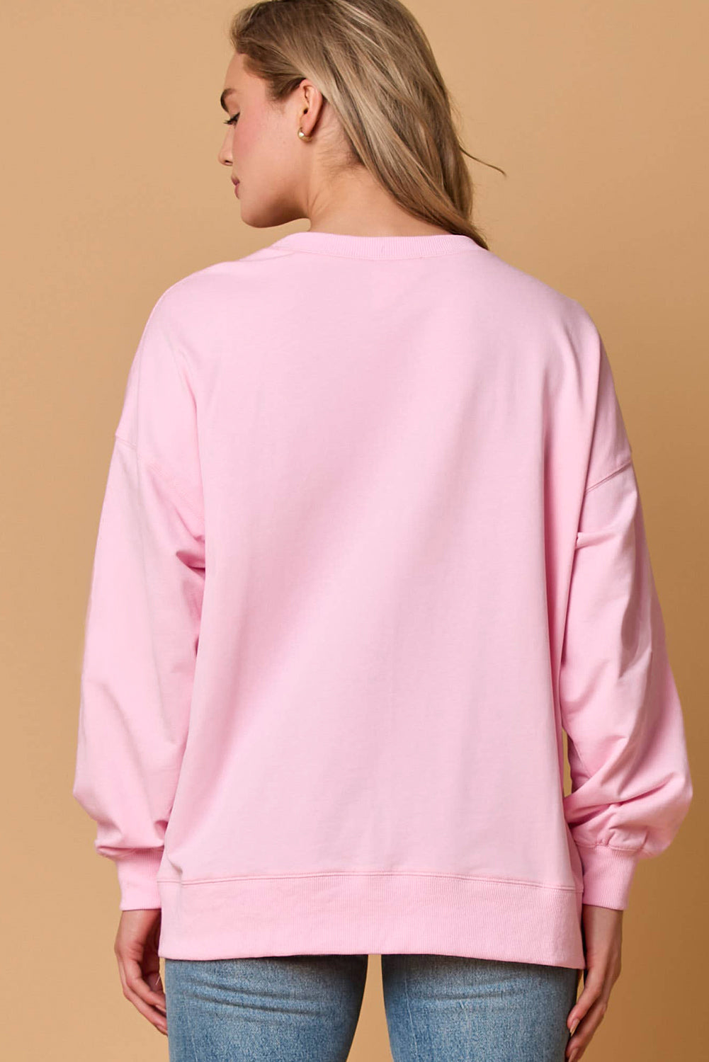 Pink Sequined Bow Graphic Round Neck Drop Sleeve Sweatshirt