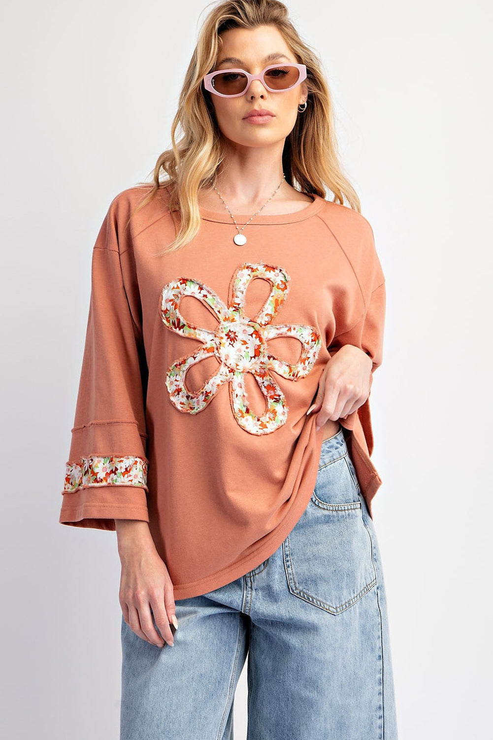 Grapefruit Orange Flower Exposed Seam Patchwork Loose Top