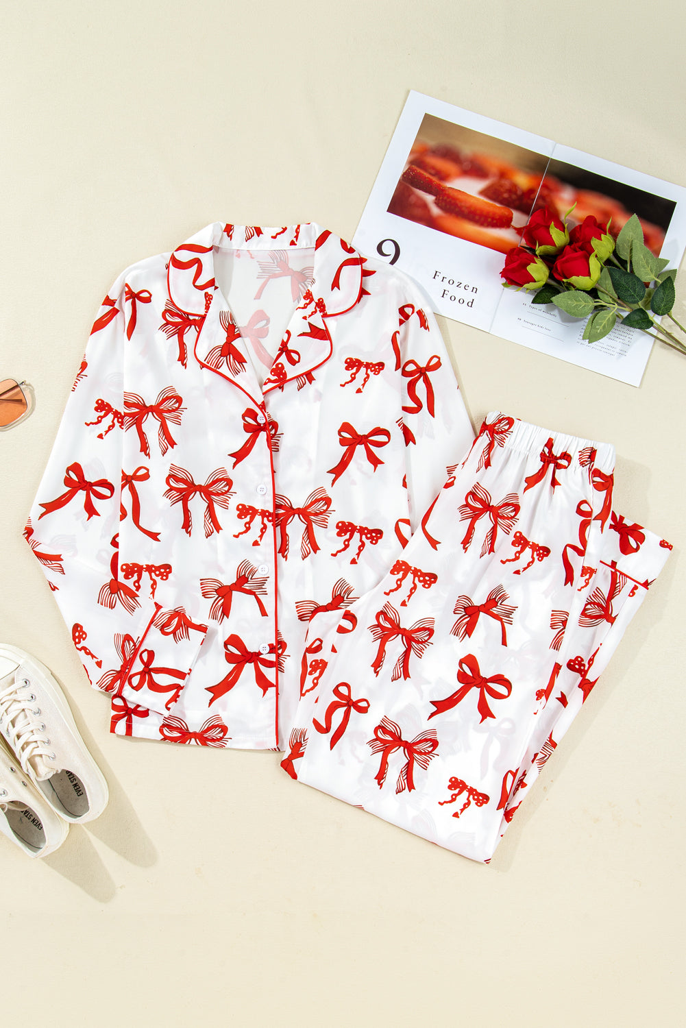 Red Christmas Bow Print Long Sleeve Two Piece Pajama Set