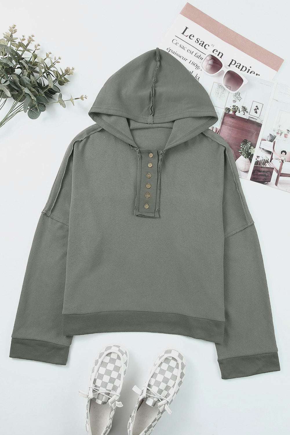 Pink Casual Button Patchwork Trim Hoodie