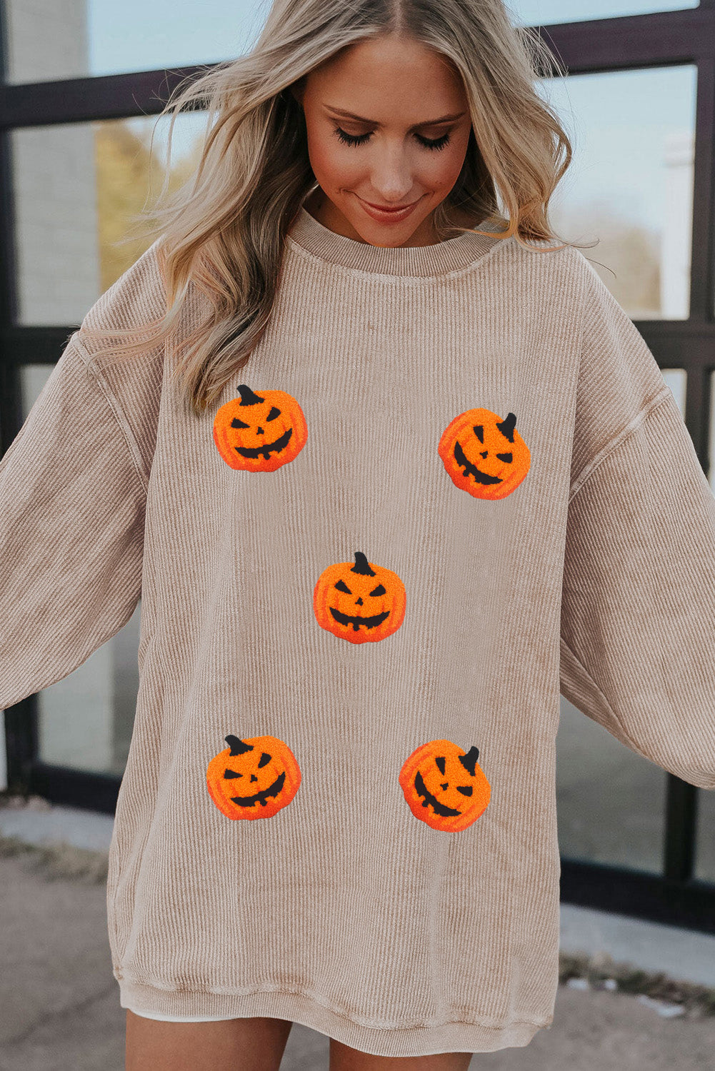 Twisted Rib Chenille Halloween Pumpkin Patched Graphic Sweatshirt