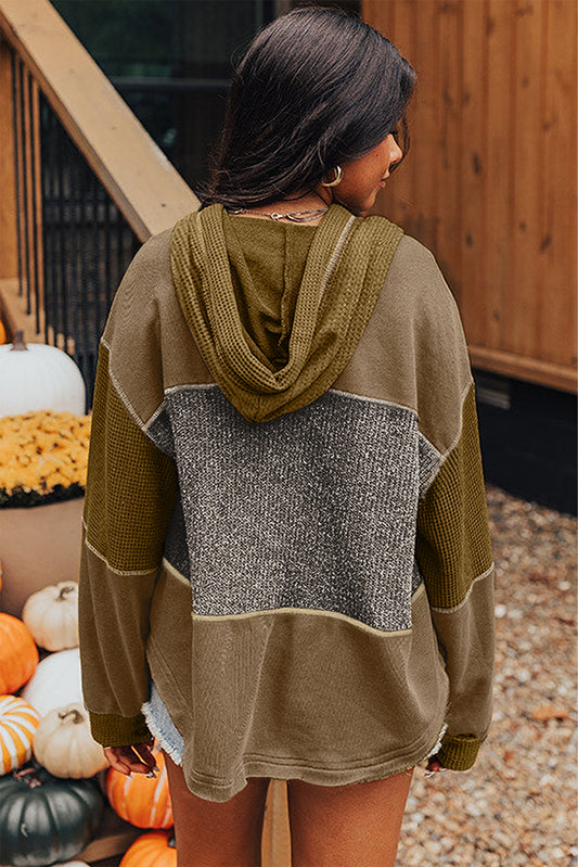 Green Mixed Texture Patchwork Exposed Seam Half Button Pullover Hooded Sweatshirt