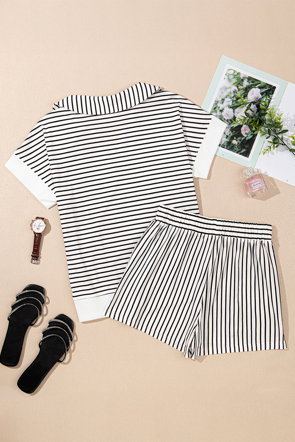 Black & White Striped V-Neck Lounge Set