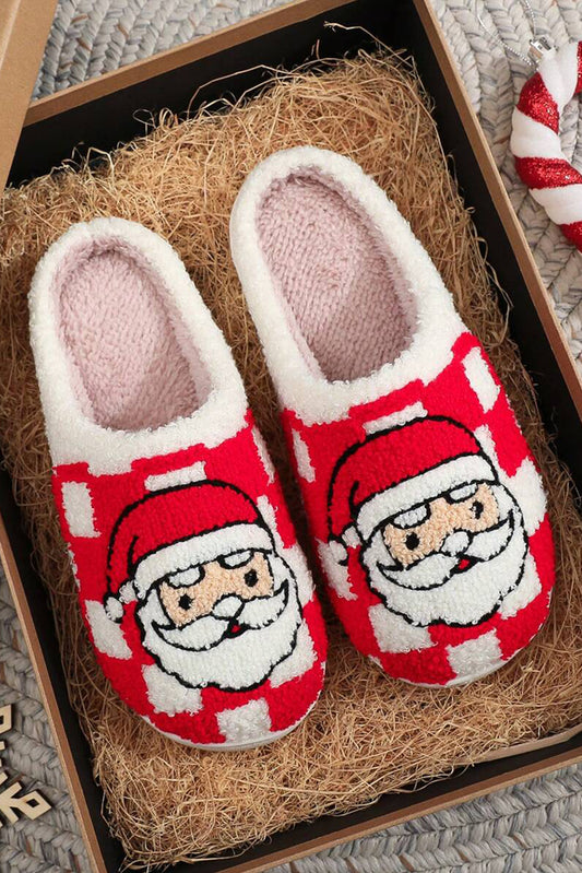 Red Checkered Santa Claus Graphic Plush Home Slippers
