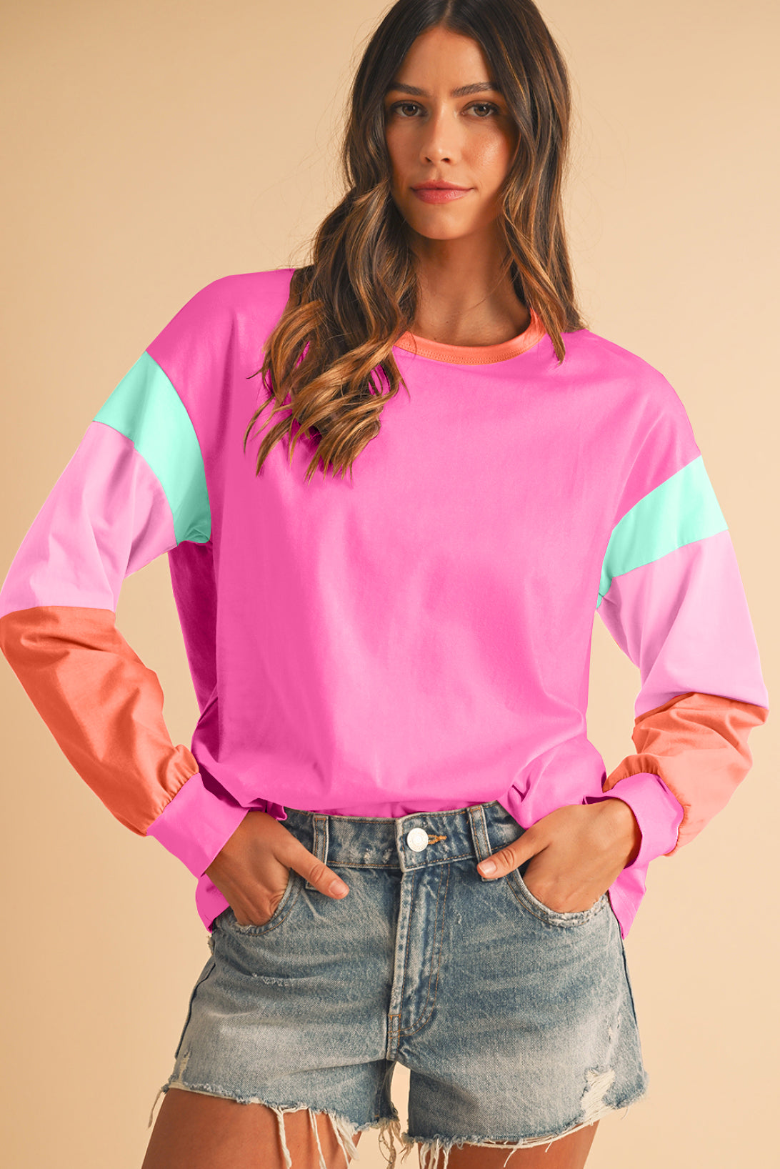 Rose Red Color Block Sleeve Loose Fit Top