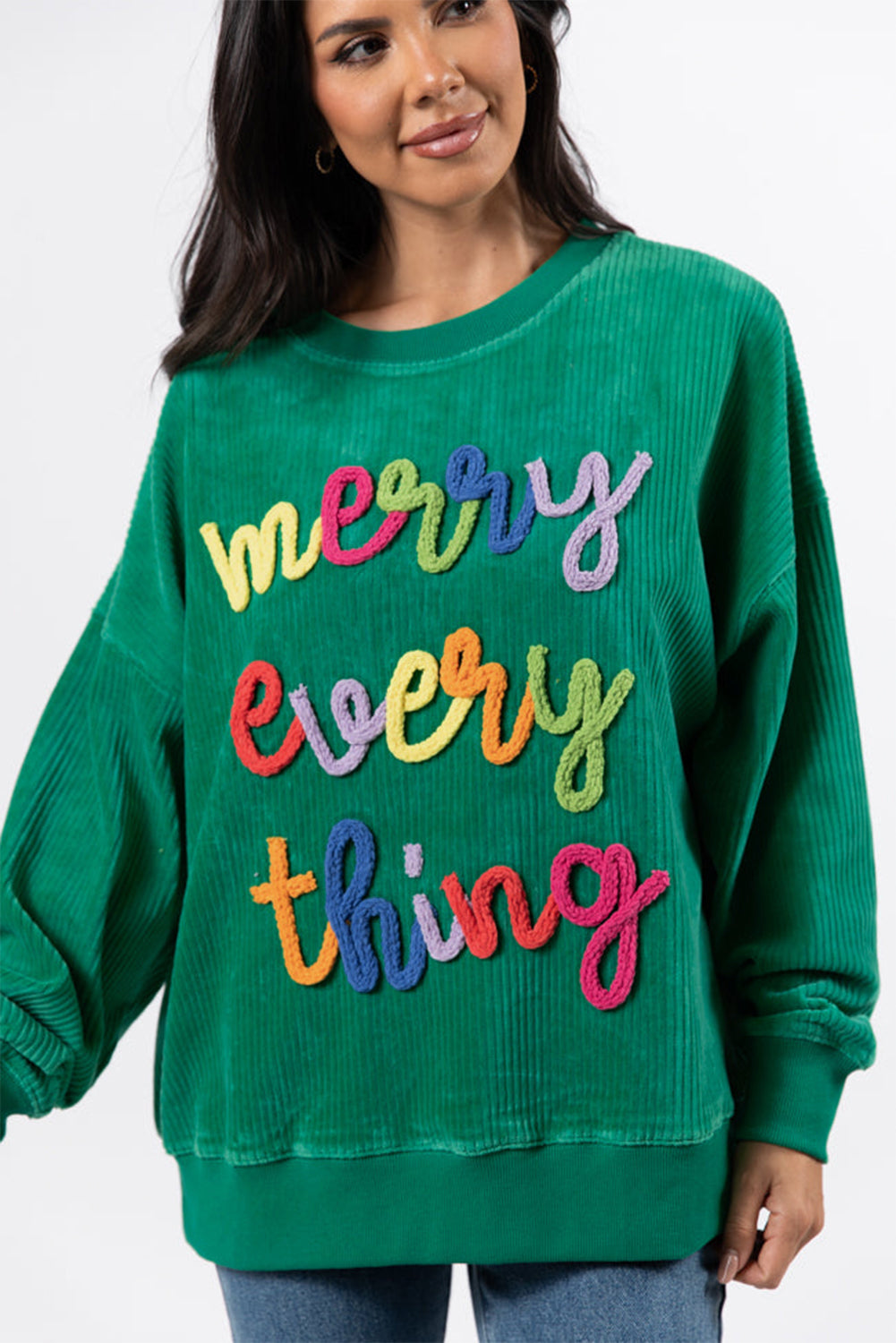 Dark Green Merry Everything Letter Graphic Ribbed Loose Sweatshirt