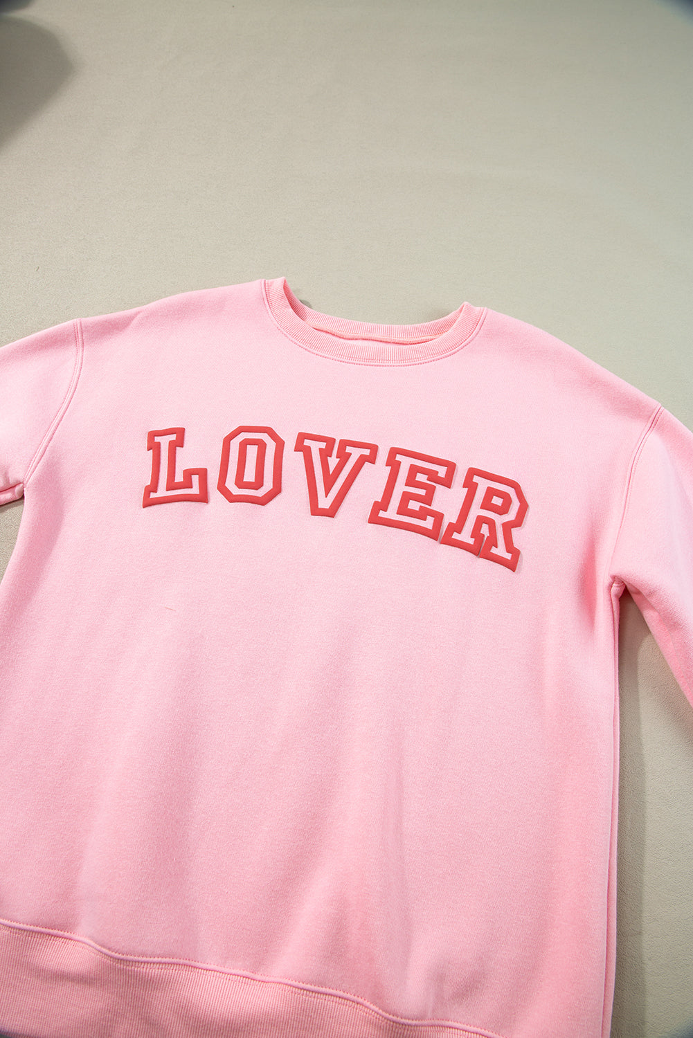 Pink LOVER Letter Graphic Drop Shoulder Pullover Sweatshirt