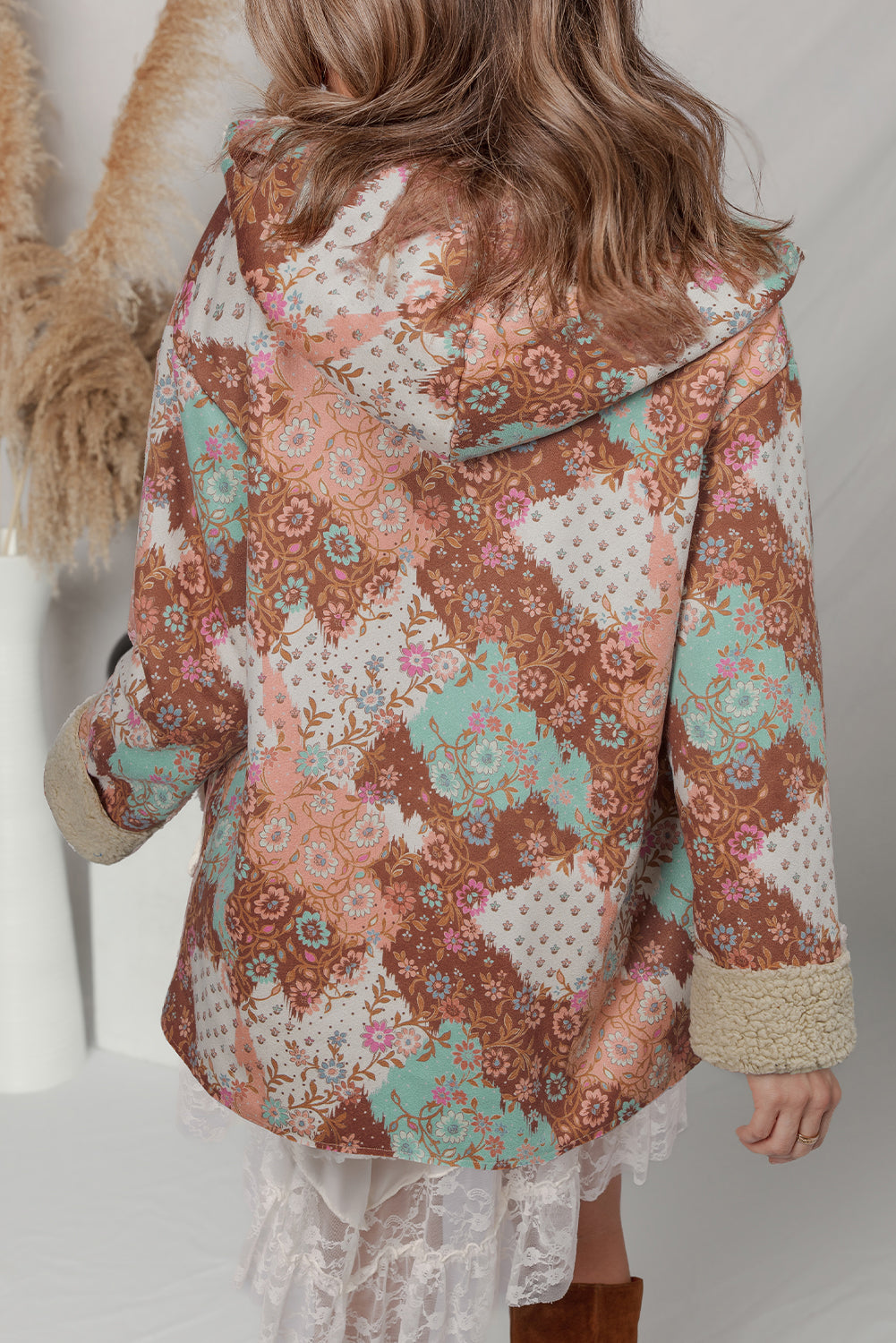 Vintage Floral Printed Sherpa Lined Hooded Jacket