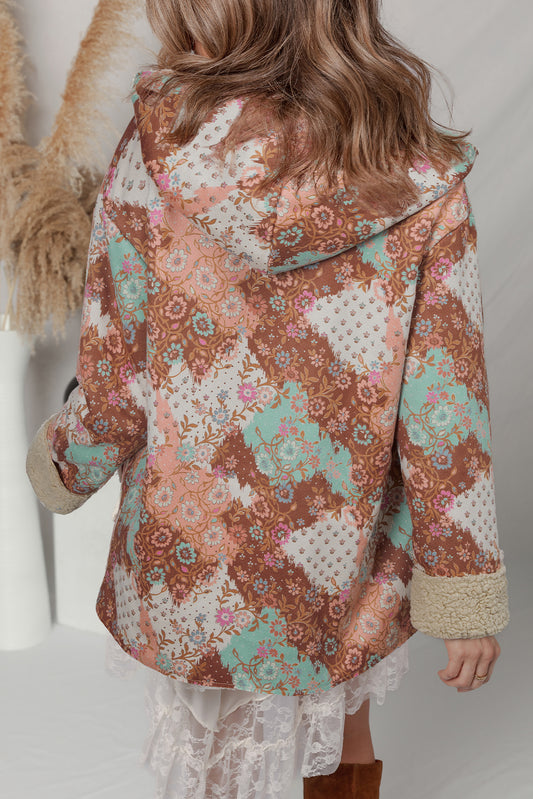 Vintage Floral Printed Sherpa Lined Hooded Jacket
