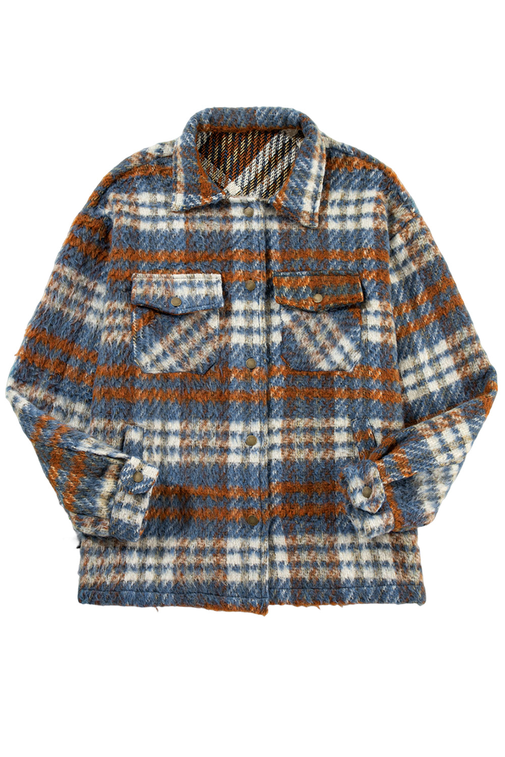 Mist Green Plaid Print Chest Pockets Turn Down Collar Shacket