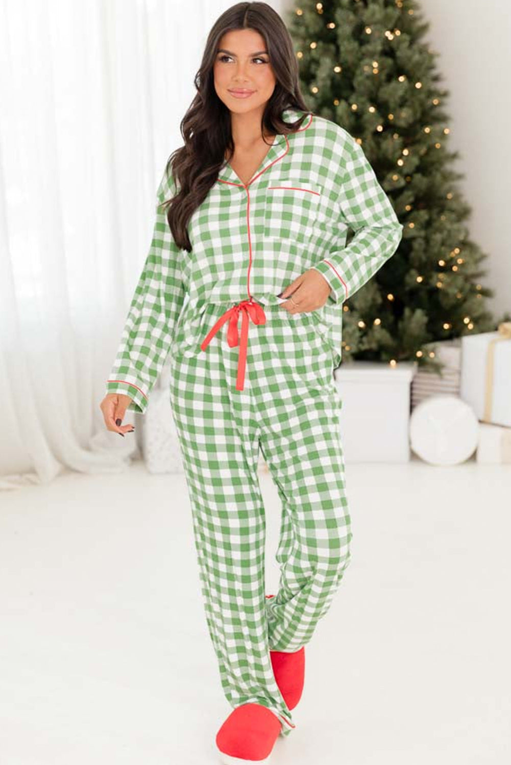 Green Christmas Plaid Print Shirt and Pants Pajama Set